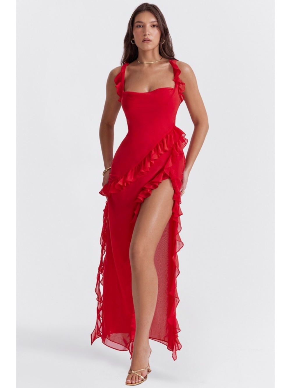 NEW House of CB Ariela Ruffle Maxi Dress Red Rose Cherry Large